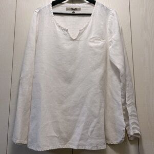 FLAX White Linen Minimalist Roll tab Long sleeve Oversized Lagen look Top Size S